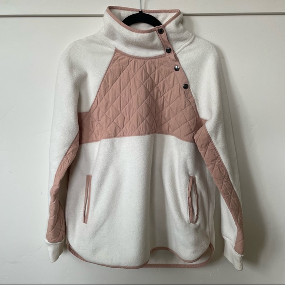 Abercrombie and Fitch Asymmetrical Snap-Up Fleece- Cream with Light Pink - Picture 1 of 2
